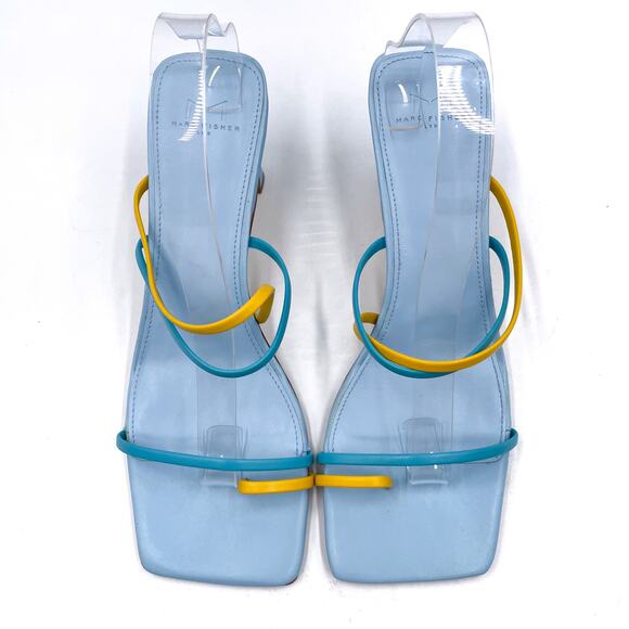 Marc Fisher Calida Sandals Blue Yellow Leather Strap Square Open Toe Sz 10 - Picture 2 of 9